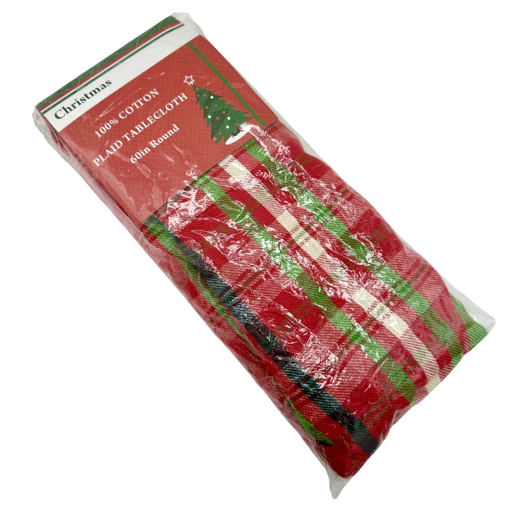 Red Green Christmas Plaid Tablecloth 60 Round 100% Cotton Christmas Tree Shops